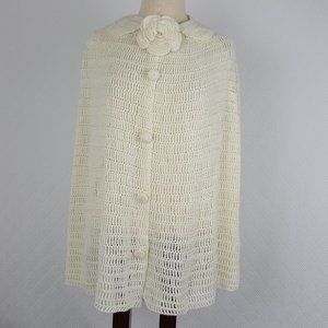 Susan Graver Style Womens Crocheted Knit Poncho Sweater Ivory Size Large